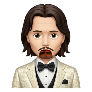 Johnny Depp with long dark brown hair hair, ivory sequin suit with bow tie sticker
