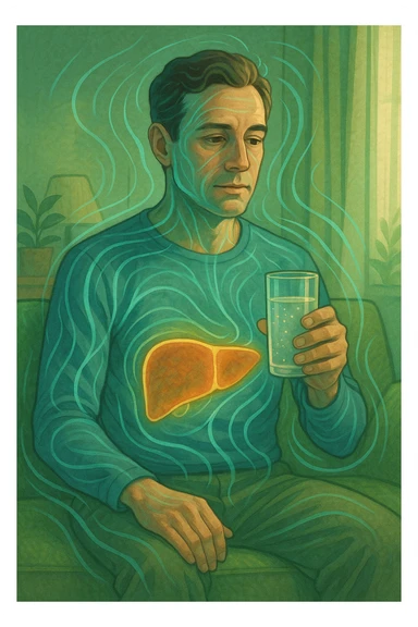 A man in a calm domestic environment, sitting with a transparent bottle or glass in hand containing an Epsom salt solution. He has a focused and aware expression. His body is partially transparent, with the liver highlighted brightly as if in a cleansing phase. Around the body, fluid energetic lines symbolize detoxification. The atmosphere is relaxed and natural, with warm light and green and blue tones representing health and purification. sticker
