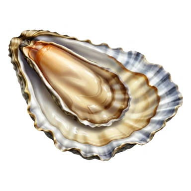realistic raw oyster, open on half shell, textured irregular shell, grey and brown, glistening flesh, translucent moist interior, natural folds, creamy grey-beige, no lemon, ice, plate, garnish, or faces, clean 3D, soft lighting, transparent background, emoji scale sticker