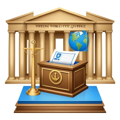 An icon featuring a ballot box with a voting paper, a government building with columns, and a scale of justice, symbolizing political science. The design includes a world map in the background, representing global political systems. Transparent background highlights governance and civic studies. sticker