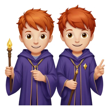 Two identical redheaded teenage boys with mischievous grins, freckles, and wizard robes sticker