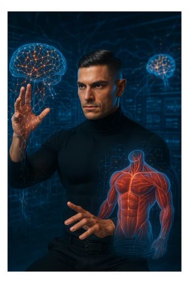 "Neuroscientist using advanced visualization to reprogram muscle development pathways, brain scans showing neural networks firing to stimulate muscle growth, expression of scientific breakthrough, his body responding to optimized mental training protocols, muscle memory being created without physical movement, consciousness hacking biological systems for muscle development" sticker