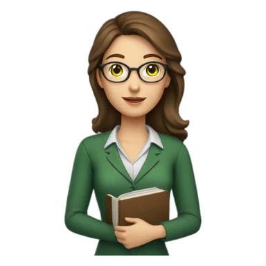 Teacher woman with brown hair and green eyes with a book and a pointer  sticker