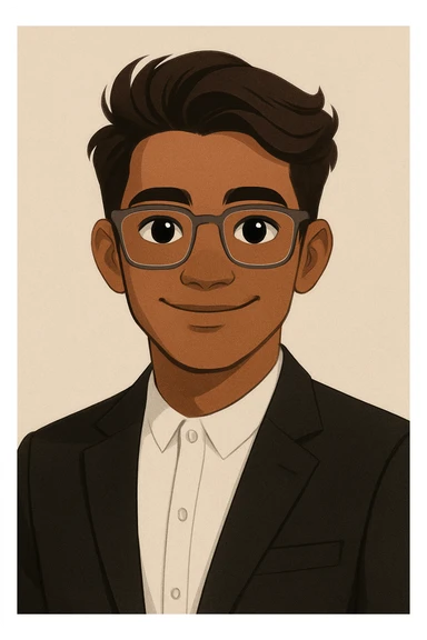 male character with medium brown skin, large expressive black eyes, neat voluminous dark brown hair swept left, large semi-transparent rectangular eyeglasses, smiling warmly, black formal blazer over white shirt buttoned to top, modern style portrait sticker
