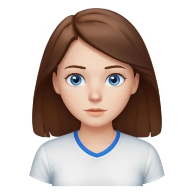 Create an emoji of a white Girl with brunette hair blue eyes faint freckles and hair to her chest wearing a white shirt sticker
