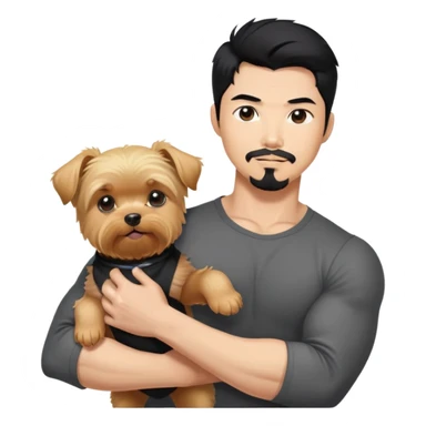  No female.  Holding a blonde yorkie. Dark haired Korean Asian handsome man with black pointy hair full goatee and biceps sticker