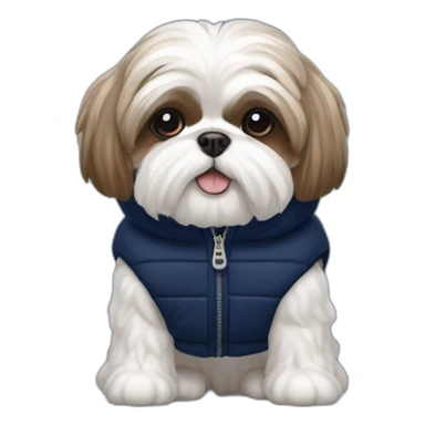 White and brown Shih tzu in sleeveless navy blue puffer jacket sticker