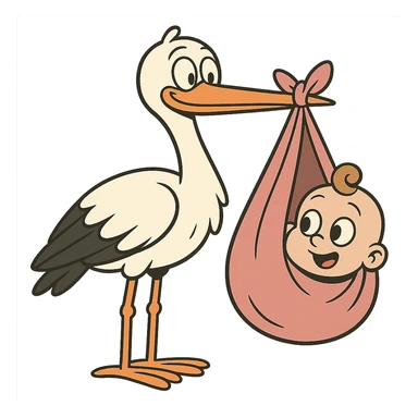 stork with a baby peeking out of a pink bundle in flat toon style sticker