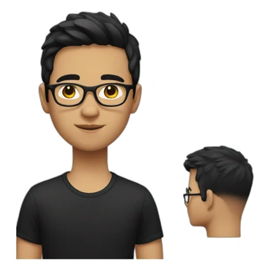 A boy with short black hair in a black T-shirt and black-rimmed glasses sticker