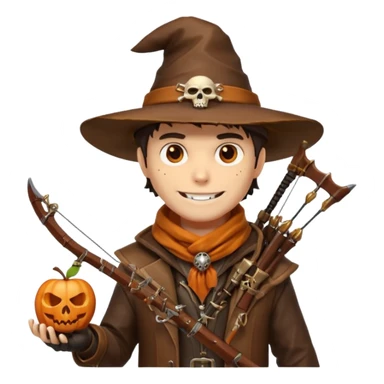 male human monster hunter emoji, wearing brown leather coat and wide hat, holding crossbow, with amulet shaped like skull, Halloween fantasy theme, confident smile, orange scarf, Apple emoji style, clean white background, square image sticker