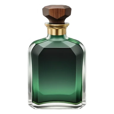 A masculine fragrance bottle featuring a gradient of deep forest green to charred black glass. The cap is made of dark walnut wood. The bottle is placed on a jagged piece of slate rock with a faint mist in the background. Earthy, moody, textured, photorealistic. sticker