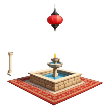 3D Apple-style emoji of a Turkish han courtyard. Square courtyard, small fountain, low arches, hanging lanterns, stacked carpets. Rounded, glossy, soft shadows, bright daylight, white background.





 sticker