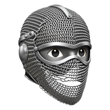 3D render oFencing Mask, made of interlocking chainmail metal rings, wire mesh texture, visible holes and negative space, metallic silver and grey, high contrast shadows, emoji style, isolated on white background --v 6.0. sticker
