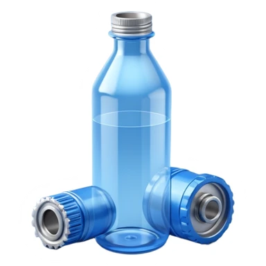 "A high-quality 3D isometric icon of a blue translucent PET plastic bottle standing next to a sleek metallic industrial gear. Clean studio lighting, white background, soft shadows, 3D clay render style, minimalist and professional." sticker