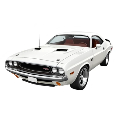 Iconic white 1971 Dodge Challenger from Death Proof, consistent 30-degree perspective with detailed front end and hood, maintaining authentic proportions, all-white color scheme, iOS emoji style sticker