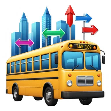 a sleek bus viewed from an angle with three colorful arrow signs pointing to city icons, colorful Apple-style emoji look sticker