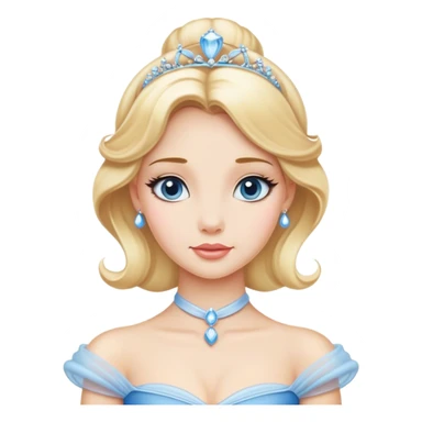 Cinematic Elegant Cinderella Portrait Emoji, rendered in a realistic, vector-style with minimal shading and bold, simplified shapes. Depict Cinderella in her classic ball gown (chest and above) with fair, porcelain skin and elegantly styled blonde hair, her eyes soft and kind, and her expression serene and graceful. The design glows with a gentle, enchanting radiance and high shine, capturing the timeless beauty of a fairy tale princess. sticker