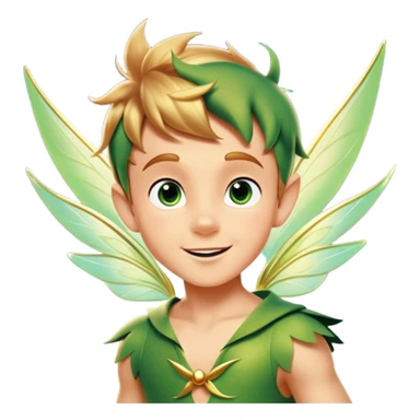 cinematic-realistic-peter-pan-portrait, head tilted dramatically with an exaggeratedly amused expression and sparkling eyes brimming with playful mischief, his iconic outfit rendered in vivid detail with dynamic shadows, soaring through the air accompanied by a glowing Tinker Bell, whose delicate wings leave a trail of shimmering pixie dust across a whimsical sky. sticker