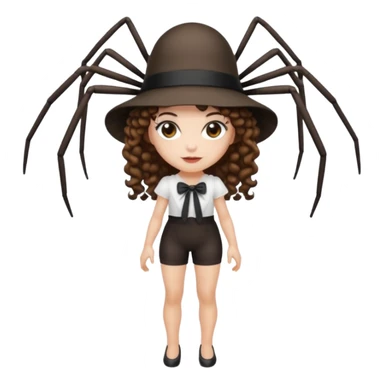 full body woman short curly brown mullet hair brown eyes white skin wearing spider hat and silk ribbon outfit sticker