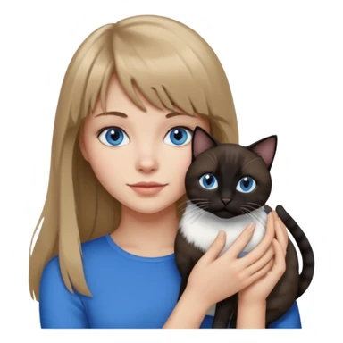 Apple-style emoji sticker of a young woman with long dark blond hair and bang, blue eyes , holding a black and white cat sticker