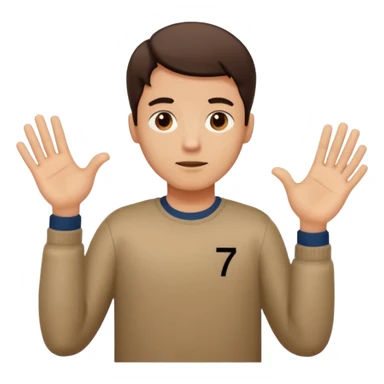 a man shrugging his shoulders with 6 above his left hand and 7 above his right hand sticker