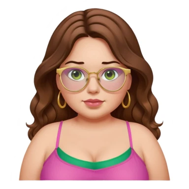 Baddie bratz girl with middle parted long wavy brown hair. green eyes. Plus size. pink spaghetti strap top. Gold glasses sticker