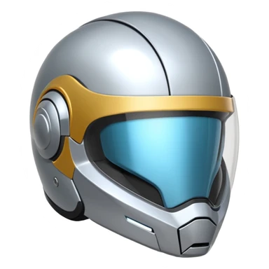 A futuristic helmet emoji made of silver chrome, smooth aerodynamic shape, minimal visor detail, reflective metallic surface, sci-fi aesthetic, iOS emoji style, centered on clean white background sticker
