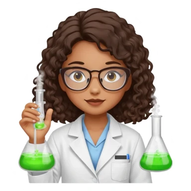 realistic bratz doll with long loose curly dark brown hair, glasses that are round cat eye vibes, in a lab coat mixing beakers that glow shes a 4th grade girl sticker