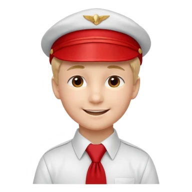 A Soviet pioneer emoji — smiling young boy wearing a white shirt with a bright red pioneer necktie and a classic red pilotka cap. not a cowboy hat. Flat, smooth 3D shading sticker