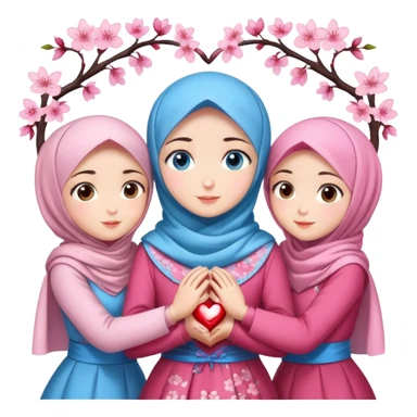Four sister hugs Turkish girls beautiful finish Konya blue eyes with cherry blossom hijab and heart dress and hugs  sticker