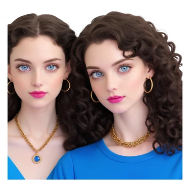 attractive couple in nightclub, colorful lights, woman with big blue-grey eyes, long lashes, pale skin, pink lips, long voluminous dark brown curls, gold hoop earrings, tiniest possible top barely covering, next to handsome man with intense blue-grey eyes, chiseled features, pale skin, confident smirk, dark brown styled hair, gold chain, minimally dressed showing maximum skin, dancing intimately sticker