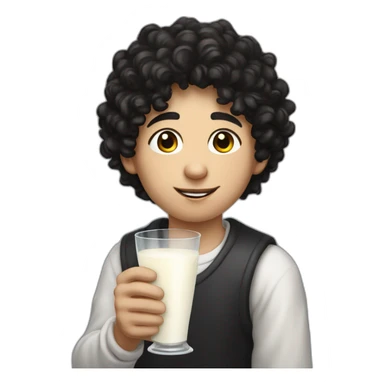A side-portrait from the shoulders up of a pasty white teenage boy with dark black curly hair holding a chalice of milk sticker