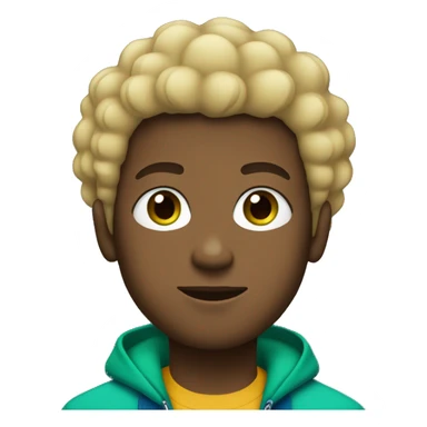 Black boy with blonde afro, green eyes, blue backwards cap, and green jacket with oversized zipper sticker
