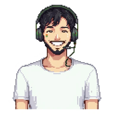 anime style laughing man with black hair, brown eyes, black beard wearing gaming headset sticker