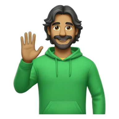 an indian man wearing a green sweatshirt, long hair, extremely short beard and mustache, waving goodbye, close up sticker