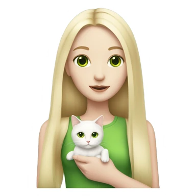 A pale girl with long blonde straight hair and green eyes holding a small white cat sticker