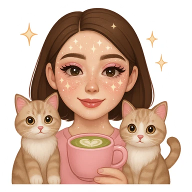 Add a matcha latte to the scene, keeping the Apple emoji style and pink soft girl aesthetic, featuring the girl with short brown hair, makeup, skincare, sparkles, and two light brown ragdoll cats. Maintain the transparent background and the overall Apple emoji style look. sticker