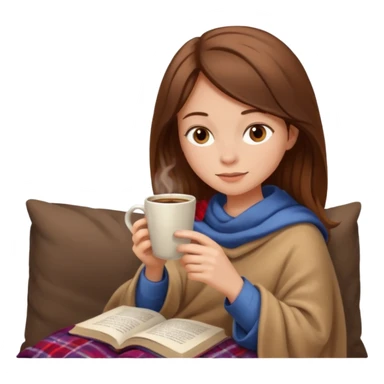 Beige Brown hair Girl drinking coffee, reading book with a cozy blanket sticker