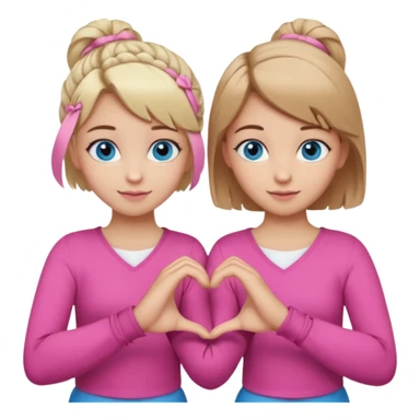 Two best friends making a heart shape with their hands together. One of them has blond hair which is shorter and the other has brown hair tied up. They are both wearing pink outfits. They both have blue eyes. One of them has their hair down  sticker