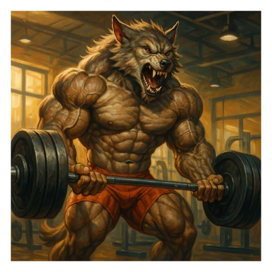 werewolf body builder, lifting weights, strong physique, energetic, gym background sticker