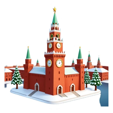 Apple iOS style emoji of the Moscow Kremlin Spasskaya Tower, winter
New Year edition. Red brick texture, snowy roof, golden clock face. Small festive garland with glowing lights wrapped around the tower. Bright red glowing star on top. 3D isometric  sticker