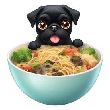 Black pug eating Chinese food sticker