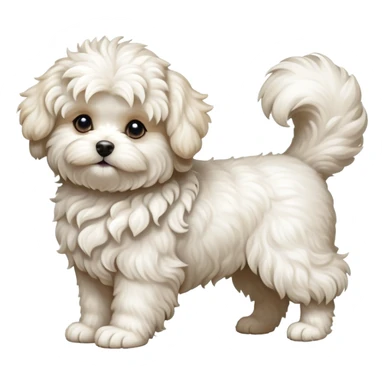 detailed-[curly haired maltese-dog]-realistic-full-body-sitting-emoji,-tail-resting-loosely-beside-its-paws,-head-tilted-dramatically,--wavy-[cream-white]-fur,-simplified-yet-realistic-focused-features,-highly-detailed,-glowing-with-an-almost-sarcastic sticker