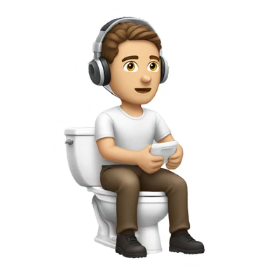 Man sitting toilet wearing headset, brown hair sticker