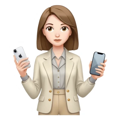 pale skin woman with brown Straightened bob Hair, White Spacious classical jacket, beige palazzo Arrow pants and gray blouse holding white IPhone 15 pro in the hands sticker
