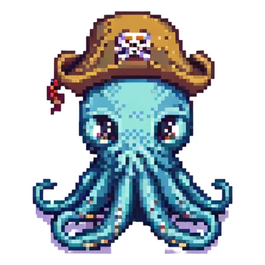 pixel art octopus with pirate hat, confused expression sticker