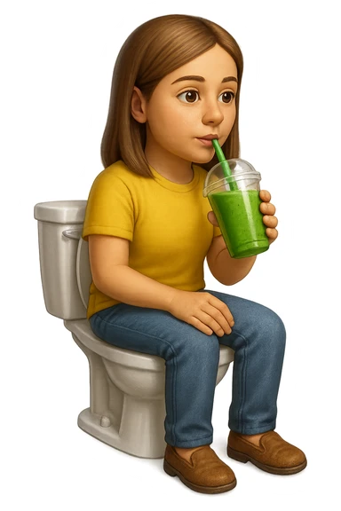 emoji stile iphone di una donna seduta sul wc che beve uno smoothies verde, iperrealistico 4k sticker