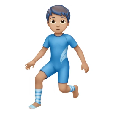 A little male child with a blue/beige outfit and  curled brown hair and shoes which are orthopedic ankle-foot orthosises (AFO) for a small child. The brace goes just below the knee and its with a bright blue water-like pattern with a spiral side design. sticker