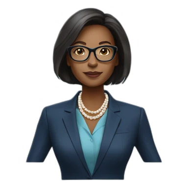 black woman ceo, black glasses, neck length straight hair, blue blazer, pearl necklace sticker