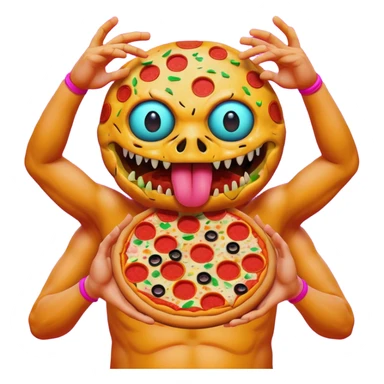 a glitch abomination with hands for a head, a baskeball stomach, pizza eyes sticker